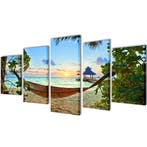 vidaXL Canvas muurdruk set zandstrand met hangmat 200 x 100, Huis en Inrichting, Woonaccessoires | Schilderijen, Tekeningen en Foto's