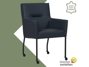 Leren eetkamerstoel met wieltjes en armleuning Lucky -, Huis en Inrichting, Bohemian, Industrieel, Modern, Scandinavisch, Blauw