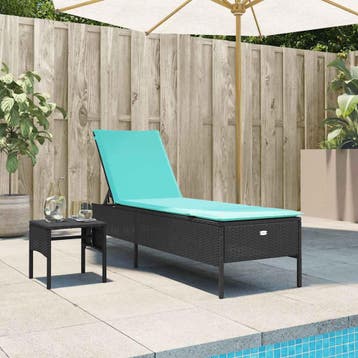 vidaXL Ligstoel met tafel en kussen, zwart polyrotan, Verzenden, Nieuw