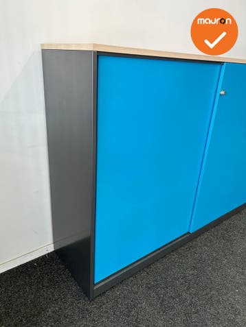 Schuifdeurkast - 120x160x45cm - Zwart met Blauwe roldeuren -, Werkplek, Ophalen of Verzenden, Gebruikt, Kast