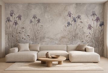 Bloemen behang – lila irissen op zachte steenlook, Bloemen, Overige merken, Ophalen of Verzenden, Fotobehang