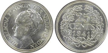 Koningin Wilhelmina 25 cent 1941 MS64 PCGS NM Collectie, Verzenden, Zilver, 25 cent, Koningin Wilhelmina