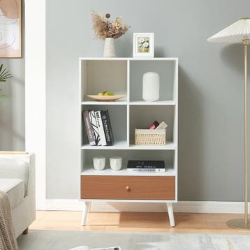 Boekenkast Reyljand 120x70x40 cm wit en teak [en.casa], Verzenden, Nieuw