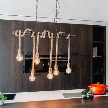 Qazqa industriële 6-lichts touwen hanglamp, zwart, Ophalen of Verzenden, Nieuw in verpakking, Verlichting
