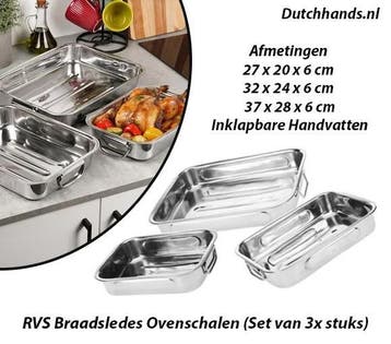 3 RVS Braadsledes Ovenschalen met Inklapbare Handvatten, Verzenden, Nieuw