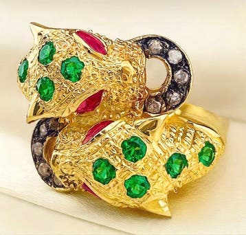 Zonder minimumprijs - Ring - 9 kt. Geel goud, Zilver Smaragd, Nieuw