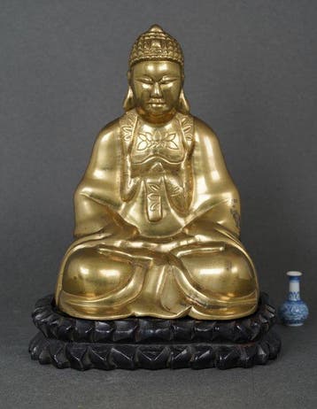 Large Buddha seated in Dhyana Mudra on Hardwood Stand -