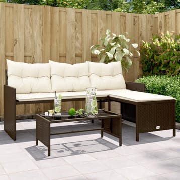 vidaXL Tuinbank met tafel en kussens L-vormig poly rattan, Verzenden, Nieuw