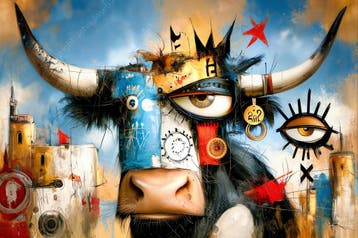John Joseb Art glasschilderij koe, stier met groot oog humor, Oorspronkelijke maker, Verzenden, Nieuw, Schilderij