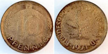 Duitsland Fehlpraegung 10 Pfennig 1971 J ohne Ring gepraegt, Verzenden