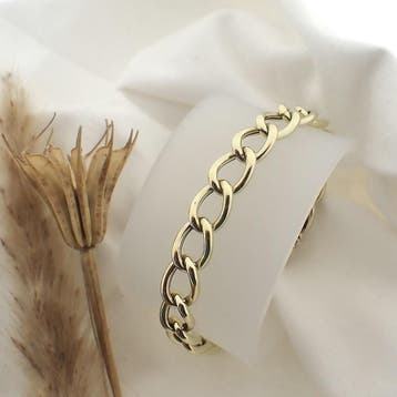 Gouden wijde gourmet schakelarmband., Ophalen of Verzenden, Gebruikt, Goud, Goud