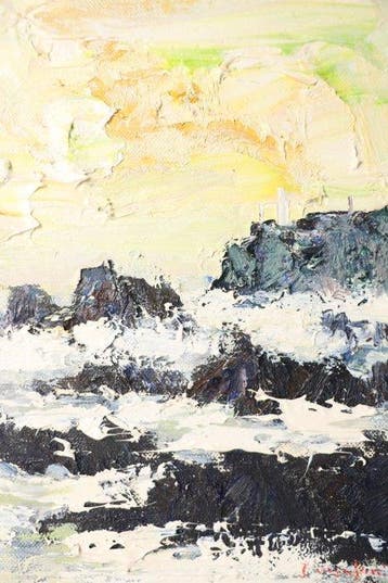 Olieverfschilderij – Ochtendlicht boven een stormachtige zee