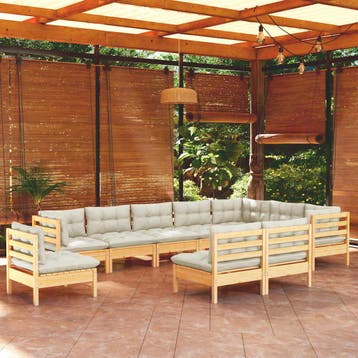 vidaXL 10-delige Loungeset met crèmekleurige kussens, Tuin en Terras, Verzenden, Nieuw, Meer dan 8 zitplaatsen, Loungeset