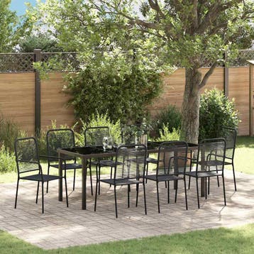 vidaXL Tuin eettafelset 9 st Zwart Gepoedercoat staal, Verzenden, Nieuw, Meer dan 8 zitplaatsen