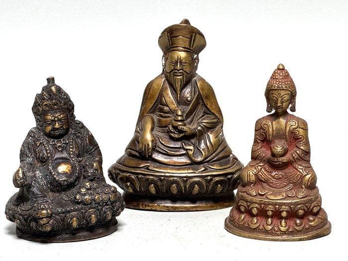 Drie meditatie-Boeddhas met lotus - 1,2 kg - Brons - Asia -, Antiek en Kunst, Antiek | Overige Antiek