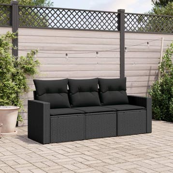 vidaXL 3-delige Loungeset met kussens poly rattan zwart, Verzenden, Nieuw, Loungeset