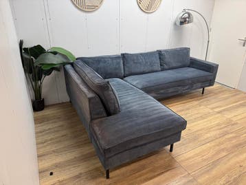 WOOOD donkergrijze ribstof hoekbank met lounge, 250 tot 300 cm, Gebruikt, Hoekbank, Ophalen of Verzenden