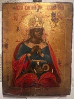 Icoon - Moeder Gods opvoeding met kroon, - Hout