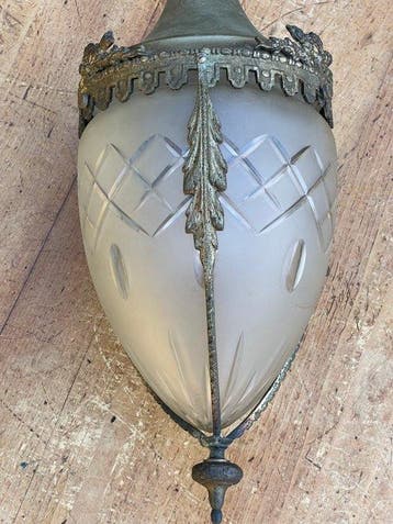 Plafondlamp - Verguld messing, Gegraveerd glas - Art Deco -, Antiek en Kunst, Curiosa en Brocante