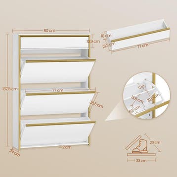 Schoenenkast - Schoenenrek - 80x24x137 cm - Wit/Goud - HEXCE, Verzenden, Zo goed als nieuw