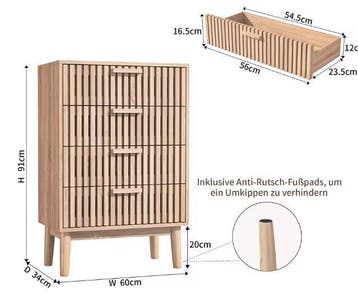 Houten Ladekast met 4 Lades –Dressoir en Opbergkast 60x34x91, Huis en Inrichting, Kasten | Ladekasten, Verzenden, Nieuw