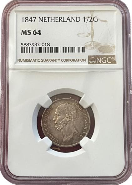 Koning Willem II - halve gulden 1847 - MS64 NGC, Postzegels en Munten, Munten | Nederland, Losse munt, Koning Willem II, Zilver
