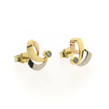 Tricolor gouden oorstekers met zirconia (Oorbellen), Gebruikt, Ophalen of Verzenden, Met edelsteen, Goud