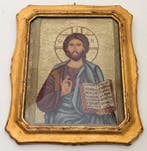 Icoon - Christus Pantokrator - Textiel, Hout, Glas -