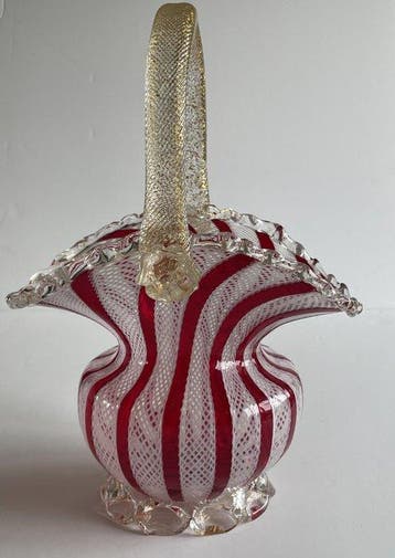 Murano – Red-and-White Reticello and Zanfirico Glass Basket