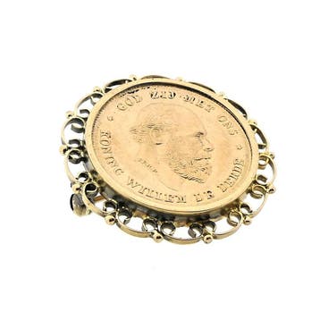 Gouden broche van 10 gulden munt Koning Willem De Derde 1875, Ophalen of Verzenden, Gebruikt, Goud, Goud