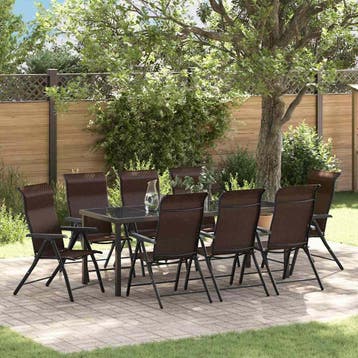 vidaXL Tuin eettafelset 9 pcs Bruin Gepoedercoat staal, Verzenden, Nieuw, Rotan, Meer dan 8 zitplaatsen