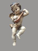 Snijwerk, Holzfigur - farbiger Engel mit Mandoline -, Antiek en Kunst, Antiek | Boeken en Bijbels