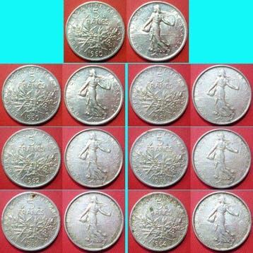 Frankrijk. 5 Francs 1960/1964 (7 silver coins) (Zonder