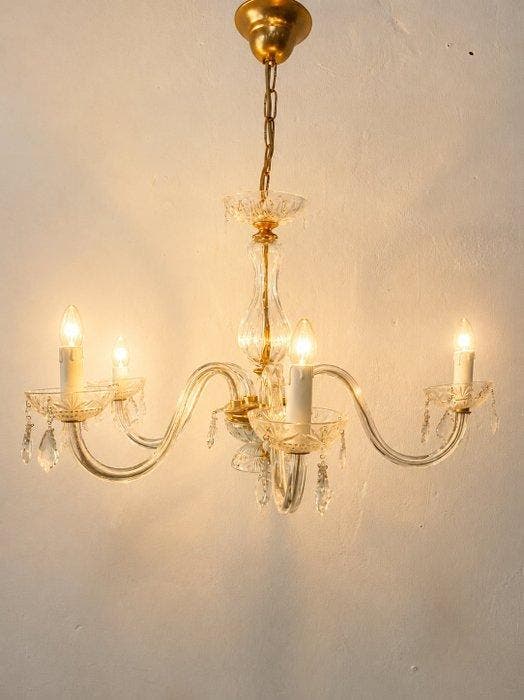 Lamp - Kroonluchter van kristal en brons met 5 lichten,, Antiek en Kunst, Curiosa en Brocante