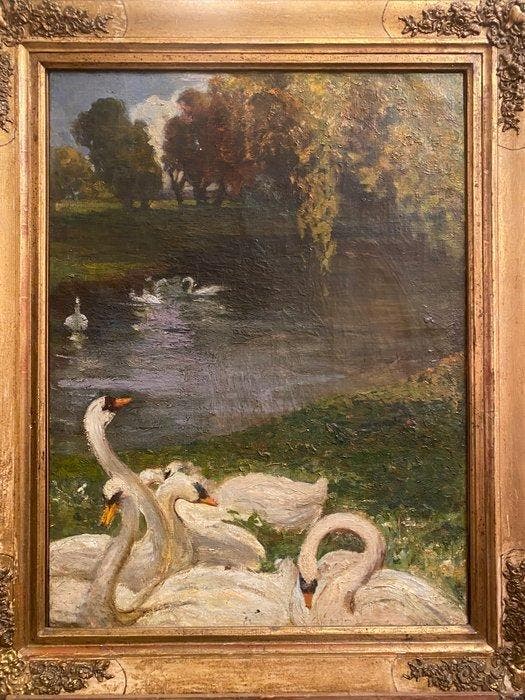 Luigi Rossi (1853-1923) - La guardiana dei cigni, Antiek en Kunst, Kunst | Schilderijen | Klassiek