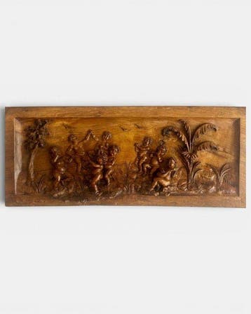 Reliëf, Baccanale di Putti in Paesaggio Bucolico con Palma -