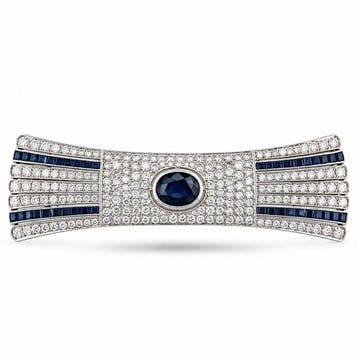 Broche Art Deco Platina 3,00 ct diamant & 0,80 ct saffier