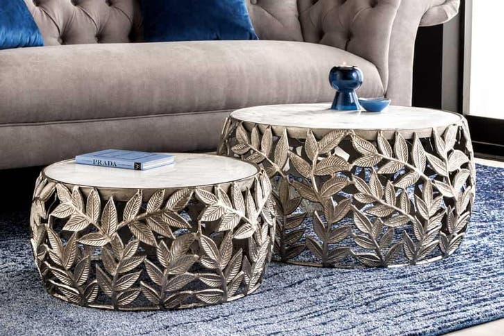 Ronde set van 2 salontafels ABSTRACT LEAF 70cm Wit Zilver, Huis en Inrichting, Tafels | Salontafels, Ophalen of Verzenden