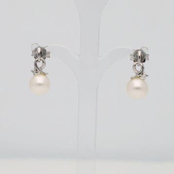 Oorbellen - 18 karaat Witgoud Parel - Diamant, Nieuw