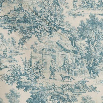 AA014 - Splendido Toile de Jouy Turquoise - Meubelstof - 300, Antiek en Kunst