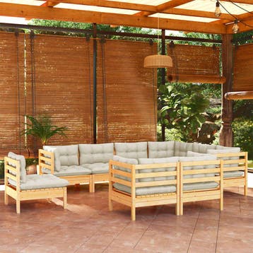 vidaXL 9-delige Loungeset met crèmekleurige kussens, Verzenden, Nieuw, Meer dan 8 zitplaatsen, Loungeset