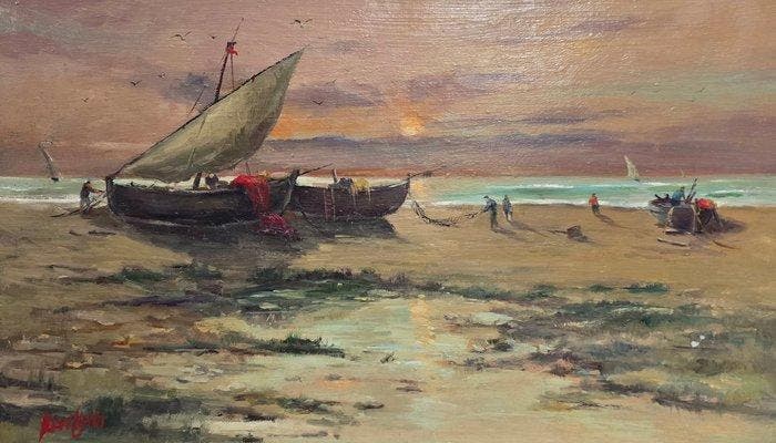 Joan Canós (1928-2025) - Atardecer marinero, Antiek en Kunst, Kunst | Schilderijen | Klassiek