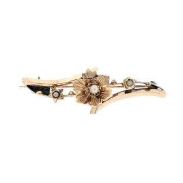 Vintage gouden bloemenbroche met parel, Sieraden, Tassen en Uiterlijk, Broches, Gebruikt, Ophalen of Verzenden, Met edelsteen