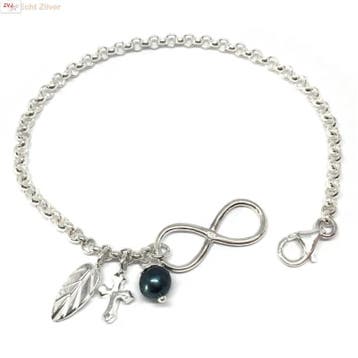 Zilveren Armband met Infinity, Parel, Veer & Kruis - 925 zil, Verzenden, Nieuw, Zilver