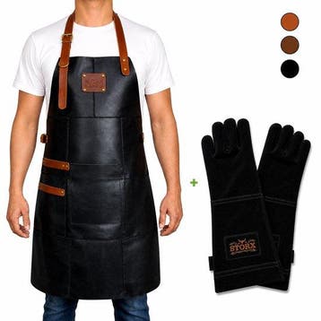 Leren BBQ Schort met Leren Handschoenen – Zwart Echt Leer –, Verzenden, Nieuw