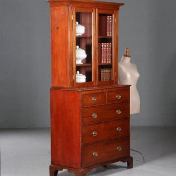 Boekenkast Servieskast in mahonie ca 1880 met oud glas en la, Ophalen of Verzenden