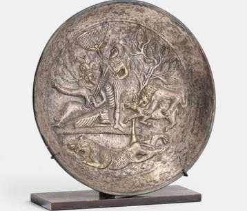 Sasanian Zilveren vergulde plaat met koninklijk