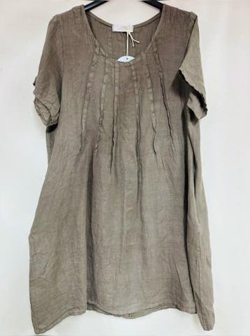 Puur linnen jurk - korte mouwen - ronde hals - zijzakken -, Kleding | Dames, Tops, Nieuw