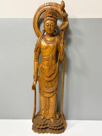 Large(61cm) Hand-Carved Wooden Kannon Bodhisattva Statue on