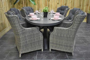 Akron Ovale Tafel 220 Keramischblad Dark Grey met 6 Darwin D, Tuin en Terras, 6 zitplaatsen, Nieuw, Wicker, Tuinset
